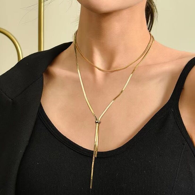 Women 18k Gold Plated Herringbone Chain Snake Necklace Tie Beaded Slide Tassel