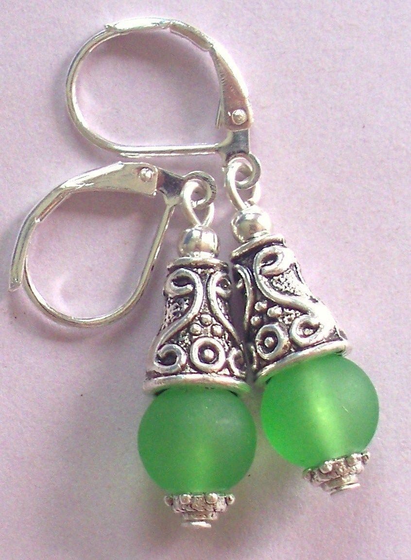 green BEACH SEA FROSTED GLASS drop earring SP HANDCRAFTED XX