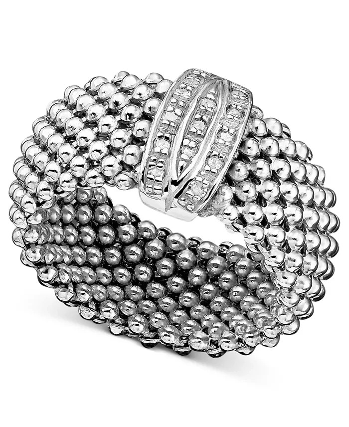 ITALY 925 Sterling Silver Popcorn Link Mesh Band Ring Diamonds 1/8 ct. Size 7