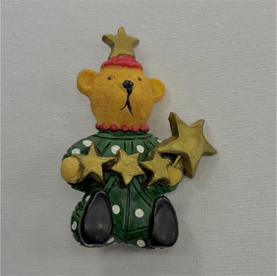 Teddy Bear Holding Star Brooch Pin, Multicolor Wood & Metal Bear