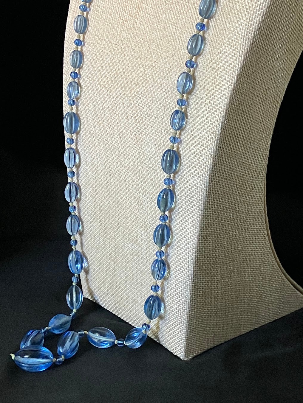 Vintage Blue Glass Art Deco Necklace Hand Knotted Fluted Graduated Flapper 36″