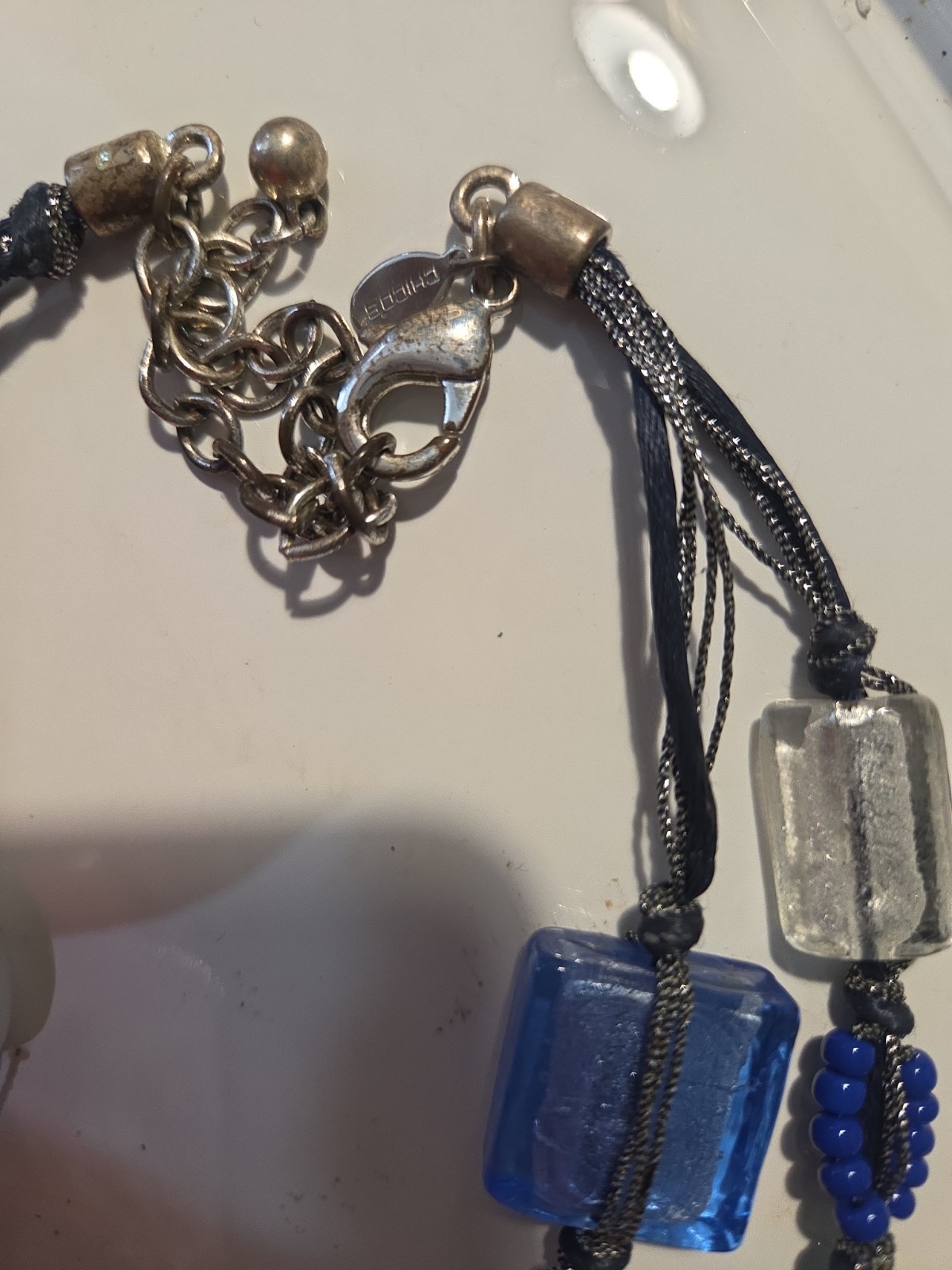 Chico’s Blue Glass Beaded Multi Strand Statement Necklace Adjustable Silver Tone