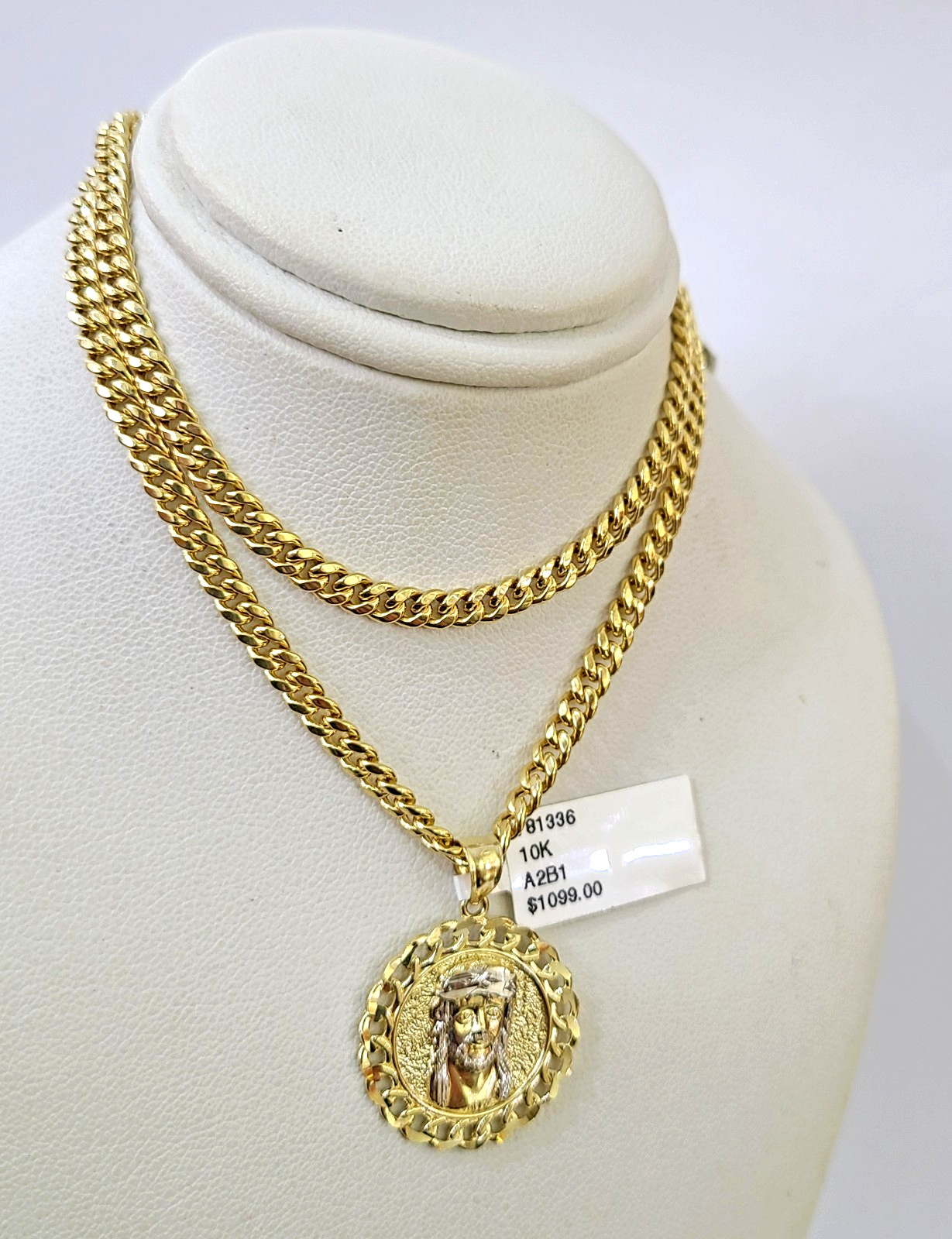 10k Gold Chain Miami Cuban Jesus Head Charm Pendant Set 4mm 18″-28″ Necklace