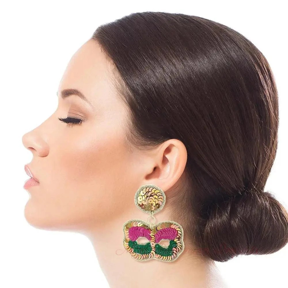 Sequin Mardi Gras Mask Drop Earrings