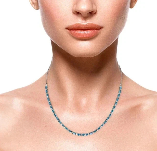 15TCW Oval Cut Lab Created Topaz & Diamond Tennis Necklace 925 Sterling Silver