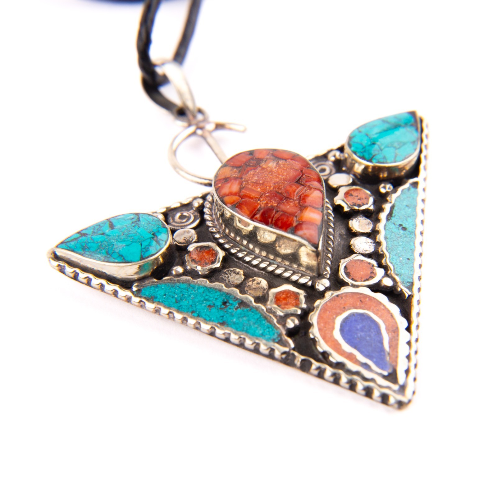 Tibetan Pendant, Tazerzit Pendant, Turquoise Stone Amulet, Coral & Lapis Lazuli