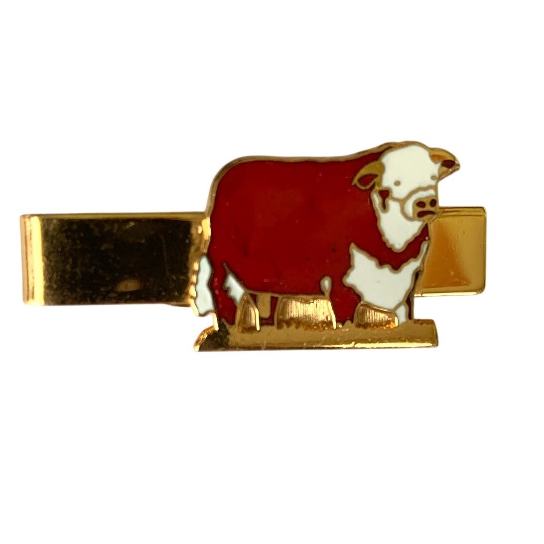 Vintage LEAVENS Hereford Bull Tie Clip Bar | Cloisonné Cow Clip