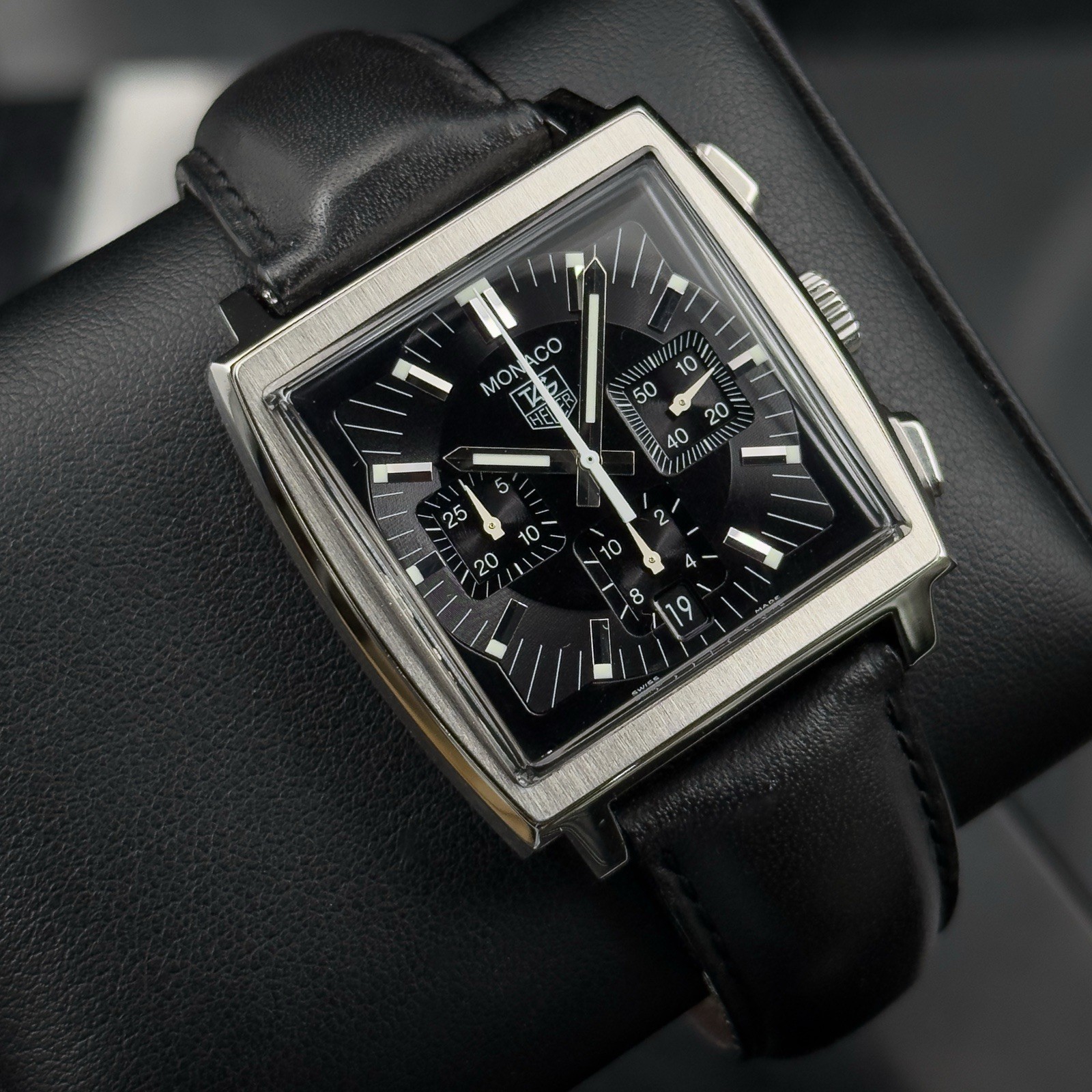 Tag Heuer MONACO Black Dial Chronograph CW2111 Stainless Steel Leather Strap