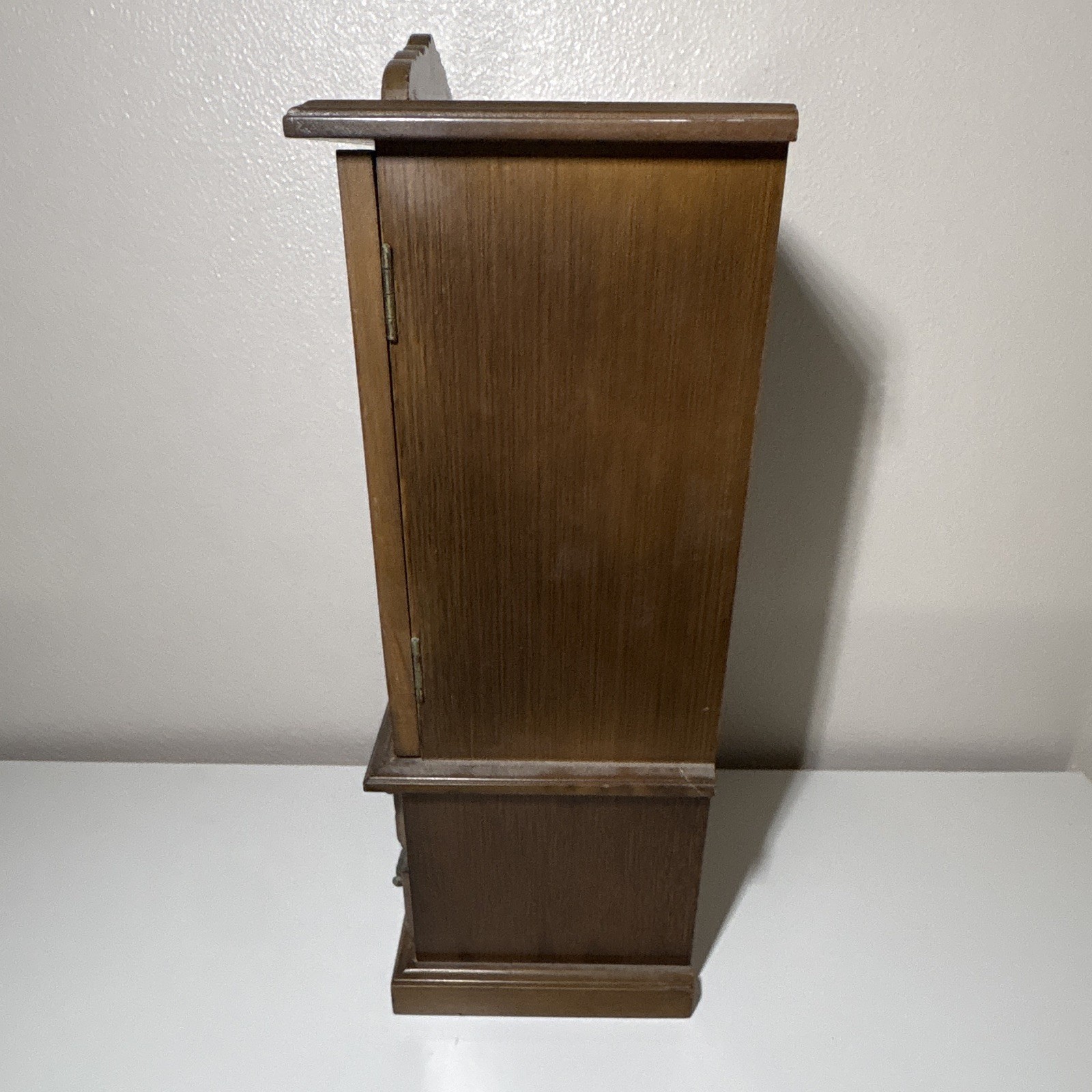 Wood Jewelry Box Armoire, Brown w/ Glass Doors & Mirror, Blue Lined, Vintage