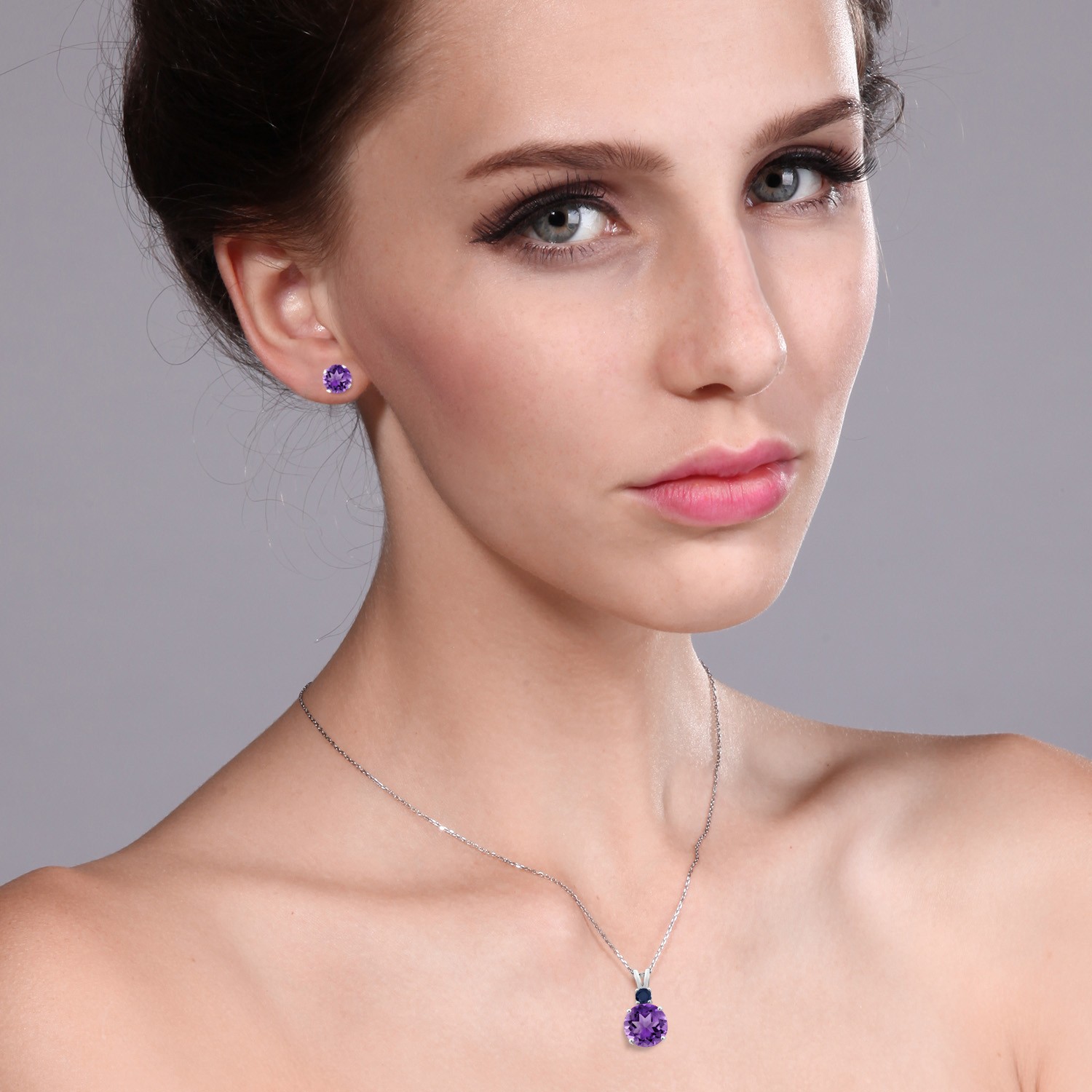 925 Sterling Silver Amethyst and Sapphire Pendant and Earrings Jewelry Set For