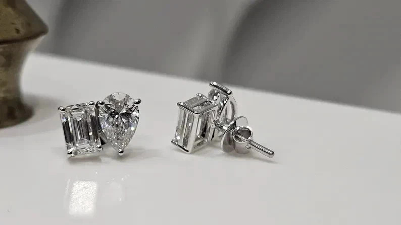 4TCW Emerald & Pear Lab Created Diamond Women’s Stud Earring 925 Sterling Silver