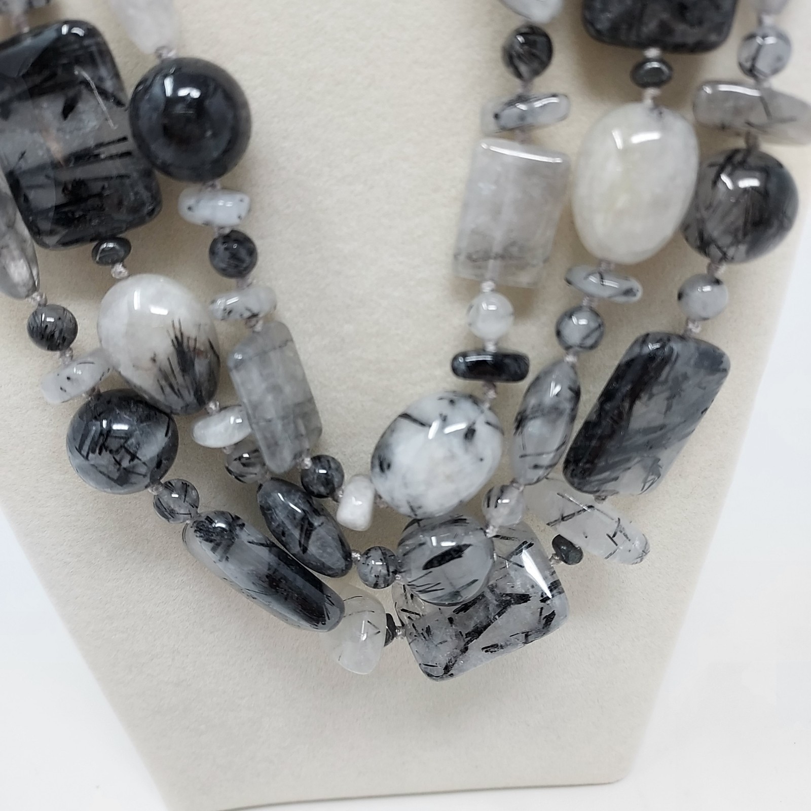 Tourmalinated Quartz Gemstone Three Strand Necklace Hand Knotted 22″ to 24″