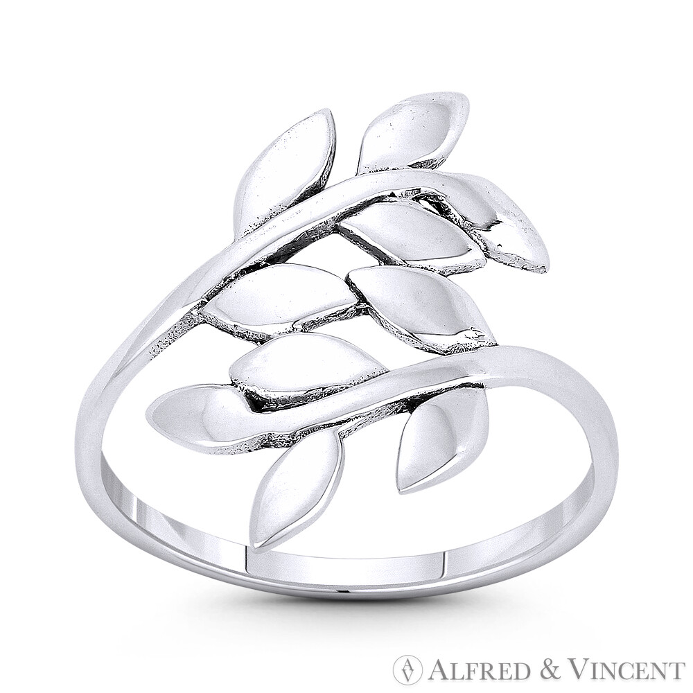 Olive Branch & Leaf Boho Charm 17mm Stackable Bypass Ring in 925 Sterling Silver