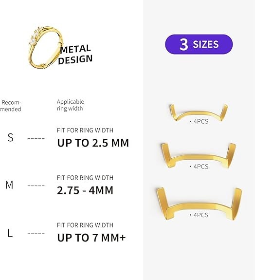 Filled Metal Ring Guard Set 12 Pack for Loose Rings, 3 Sizes, Gold Silver Colors