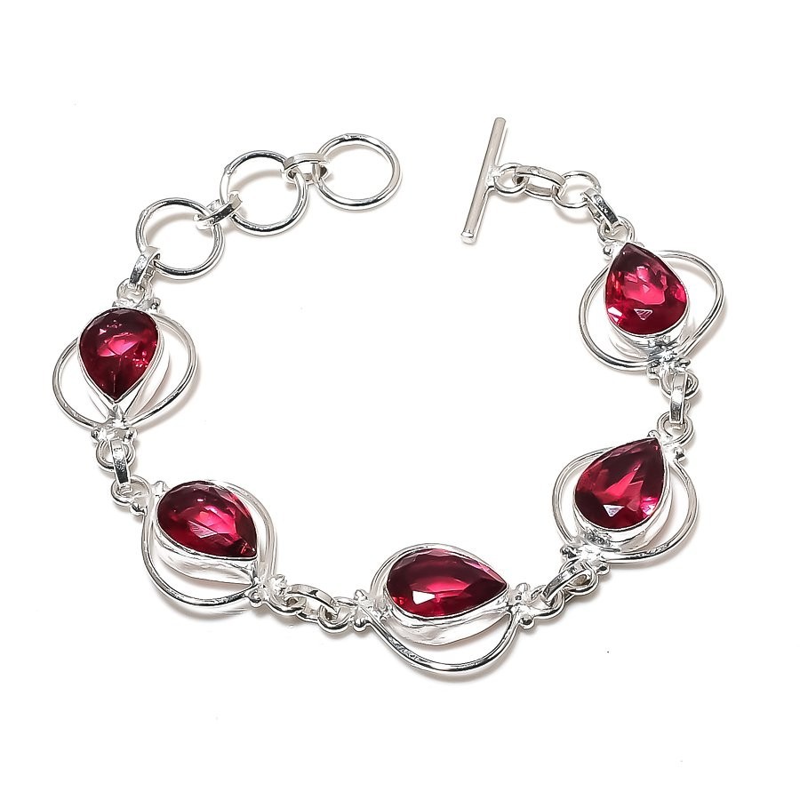 Pink Rubellite Gemstone Handmade 925 Sterling Silver Jewelry Bracelet Size7-8″