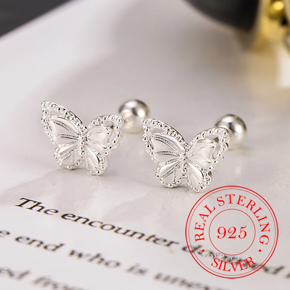 Real Money 925 Sterling Silver Crystal Butterfly Screw Stud Earrings for