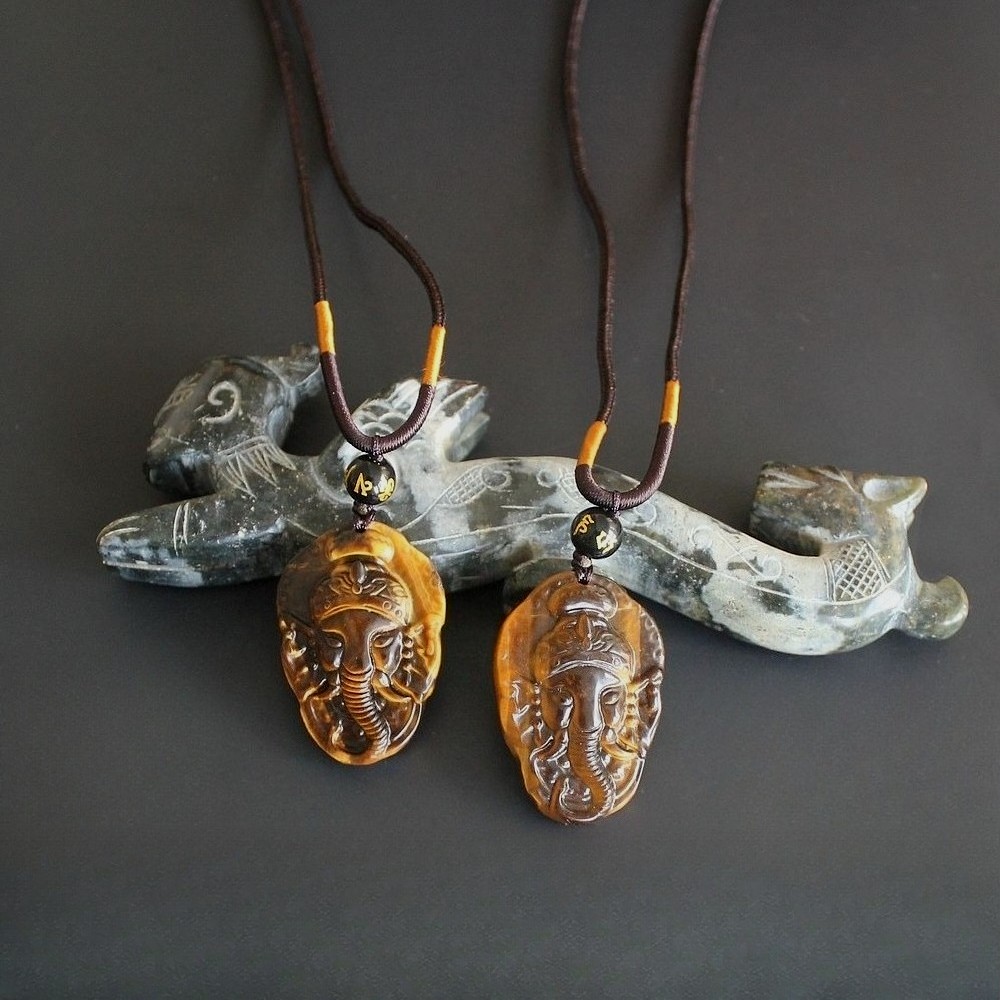 Natural crystal gemstone gold tiger eye Ganesha necklace pendant with rope chain