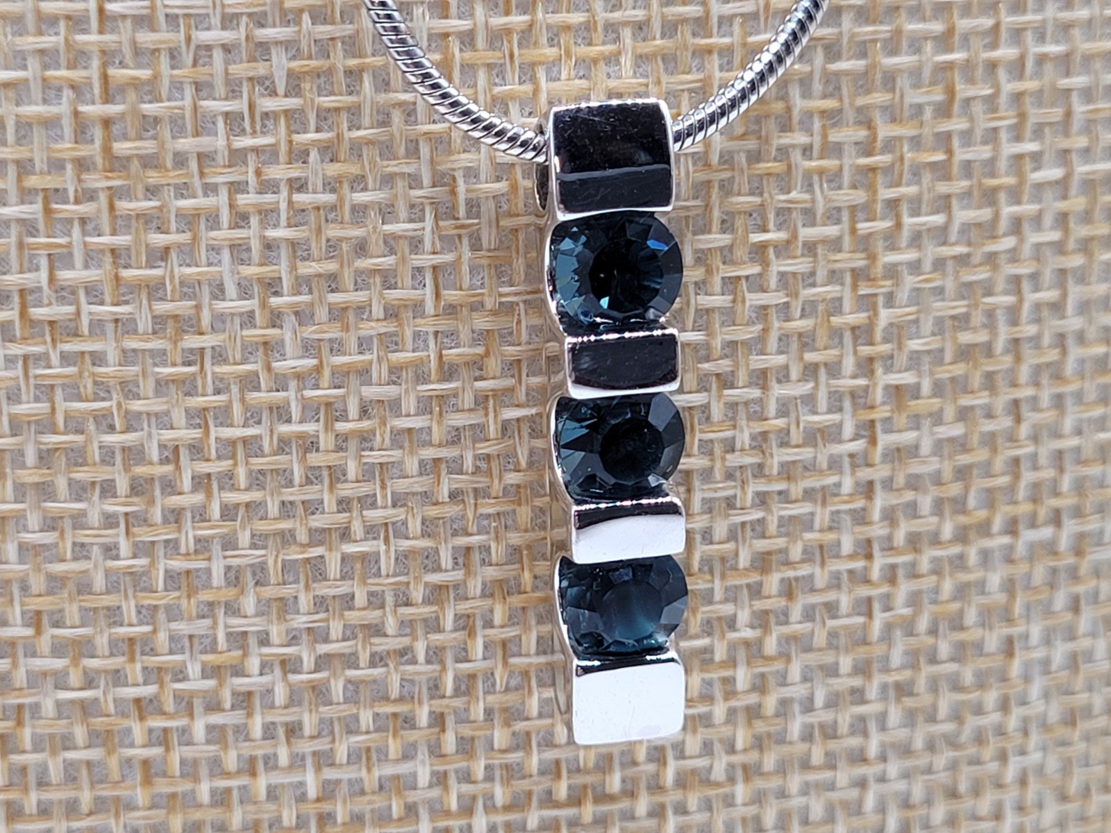 3 Bar Necklace Faux Sapphire Blue Silvertone Setting 16″ to 18″ Y2K
