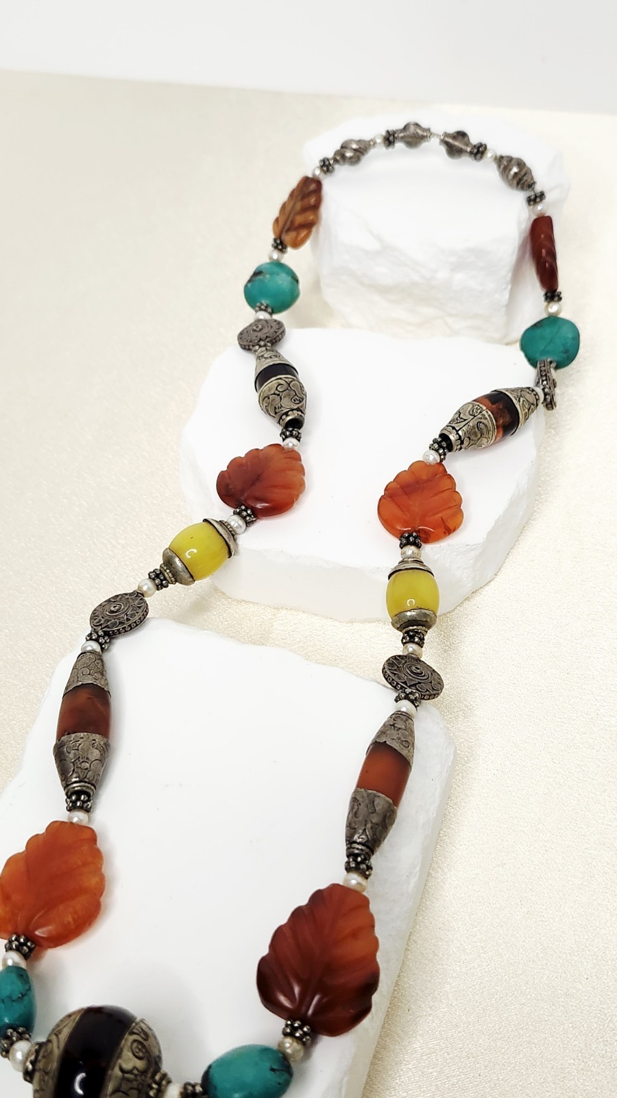 Vintage Tibetan Himalayan Tribal Beaded Statement Necklace Carnelian Turquoise