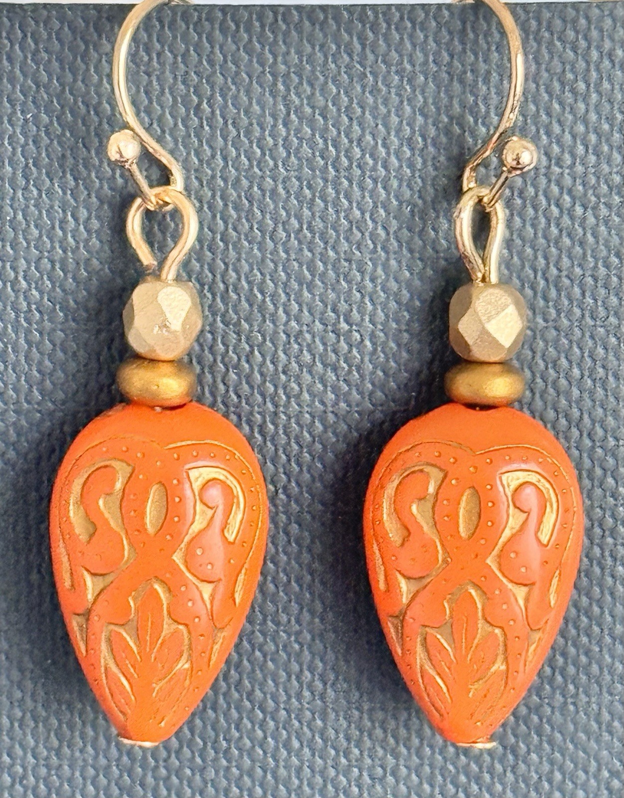 Vintage Etched Orange and Gold Earrings. Light Weight.