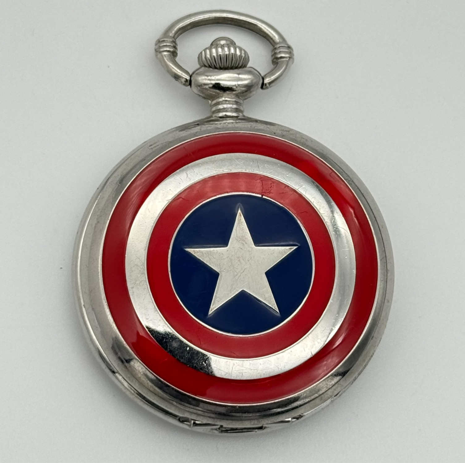 MARVEL Avengers Captain America Shield & Logo Silver Tone Pocket Watch, Red/Blue