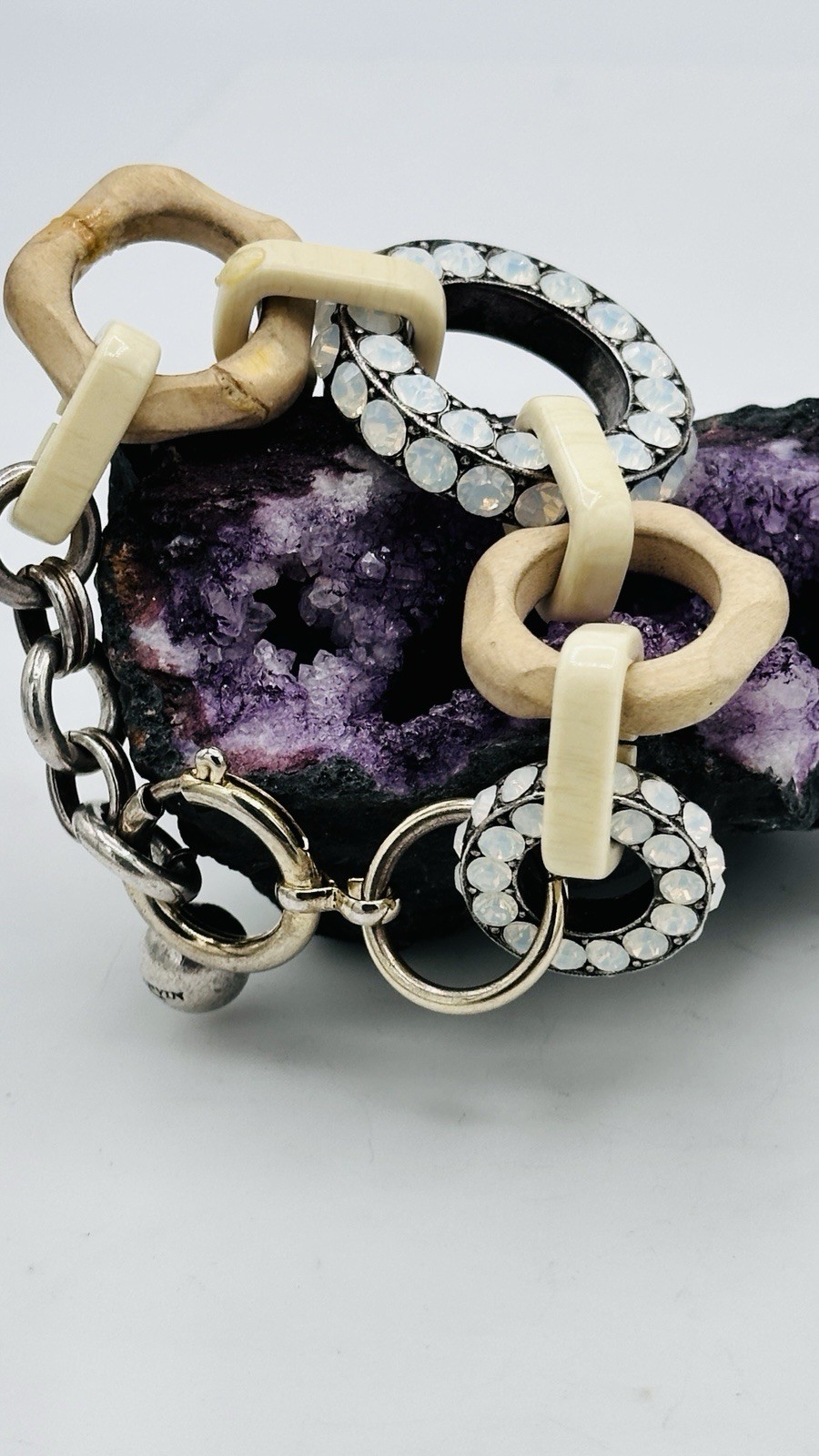 Lanvin Paris Statement Link Bracelet Signed Crystal Wood Resin Designer