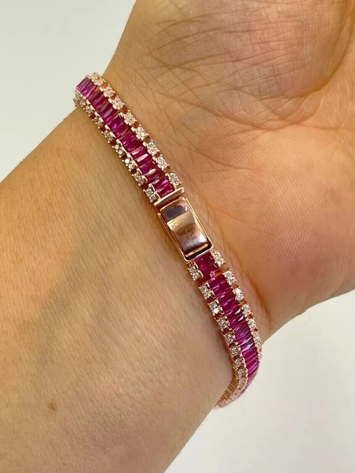 10Ct Baguette Cut Lab Created Ruby& Diamond Tennis Bracelet 14K Gold Plated 8″