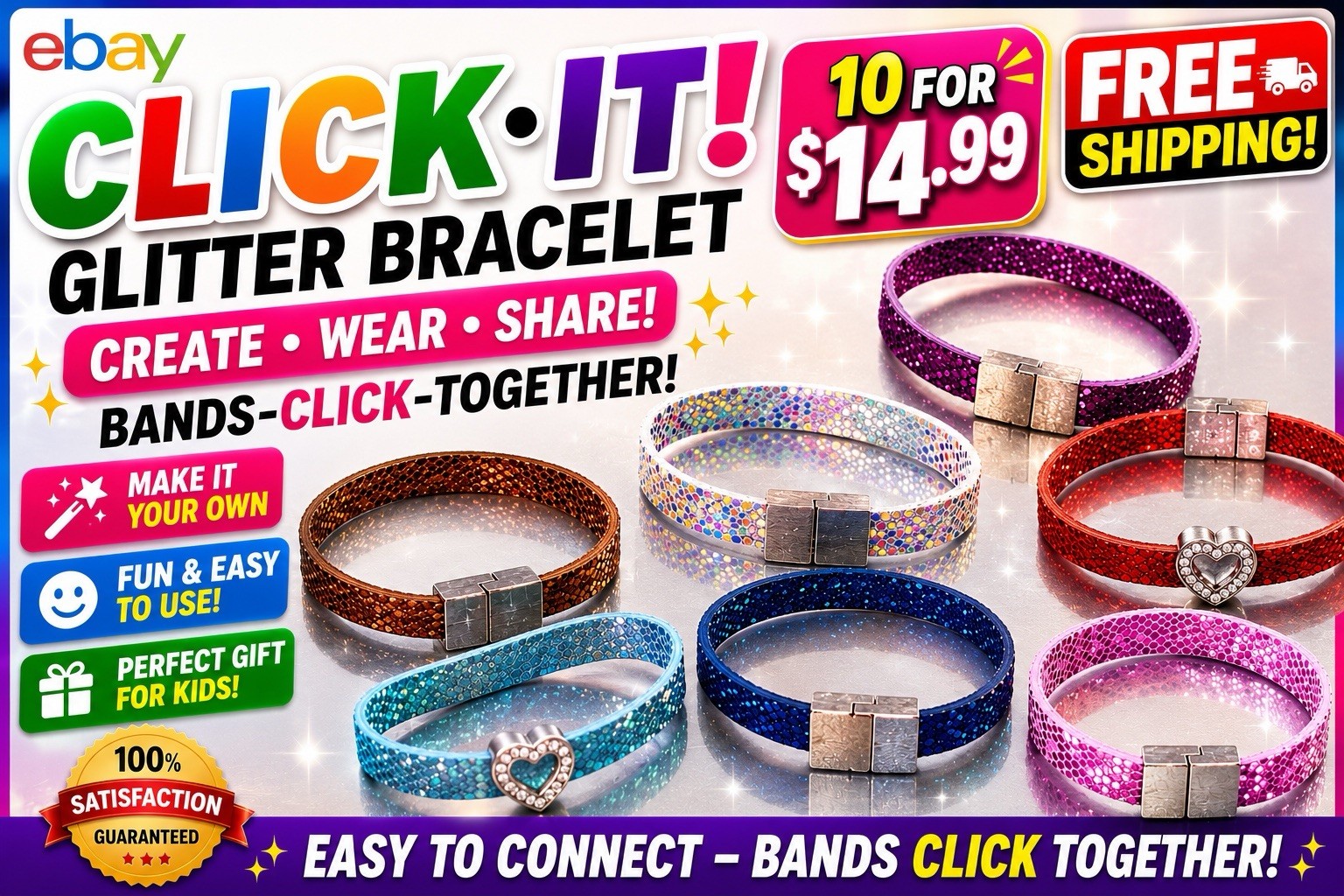 10ct Click-It! Glitter Click-it Bracelet Bands w/ Magnetic Closure Multicolor