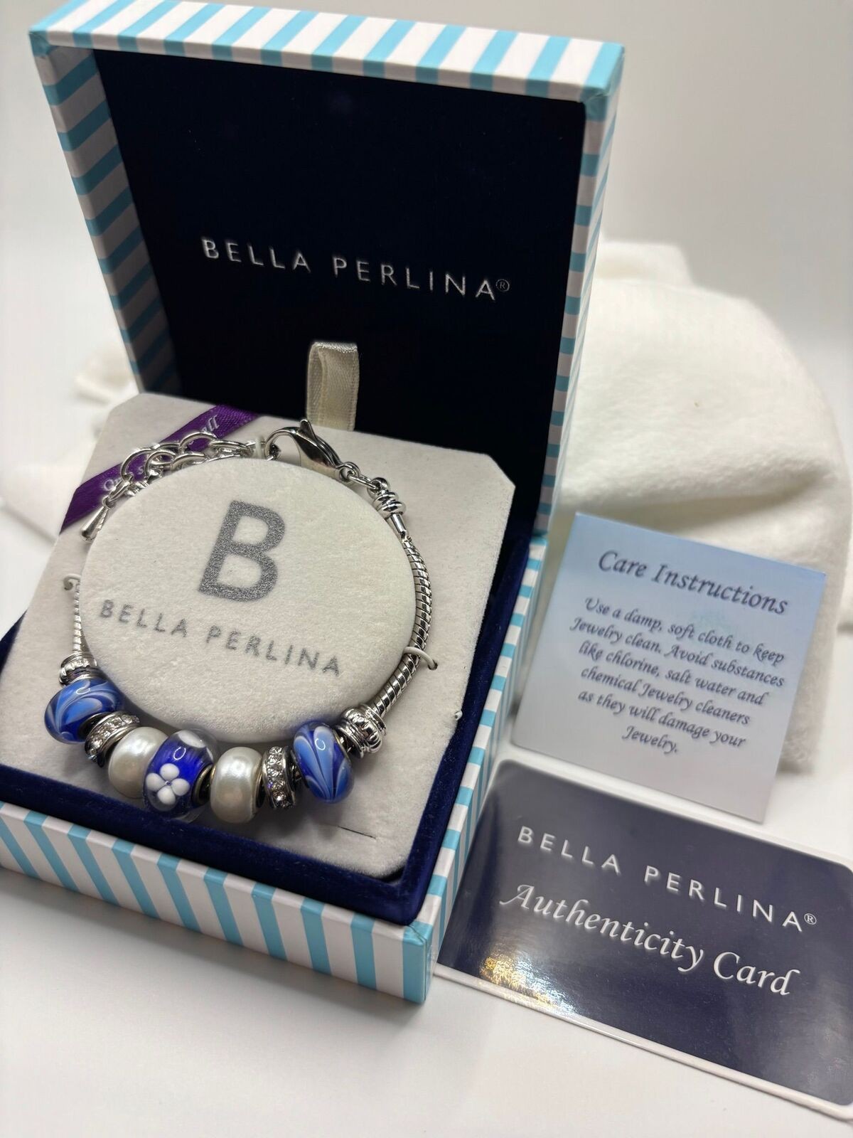 Bella Perlina Glass Faux Pearl Rhinestone Beaded Charm Bracelet
