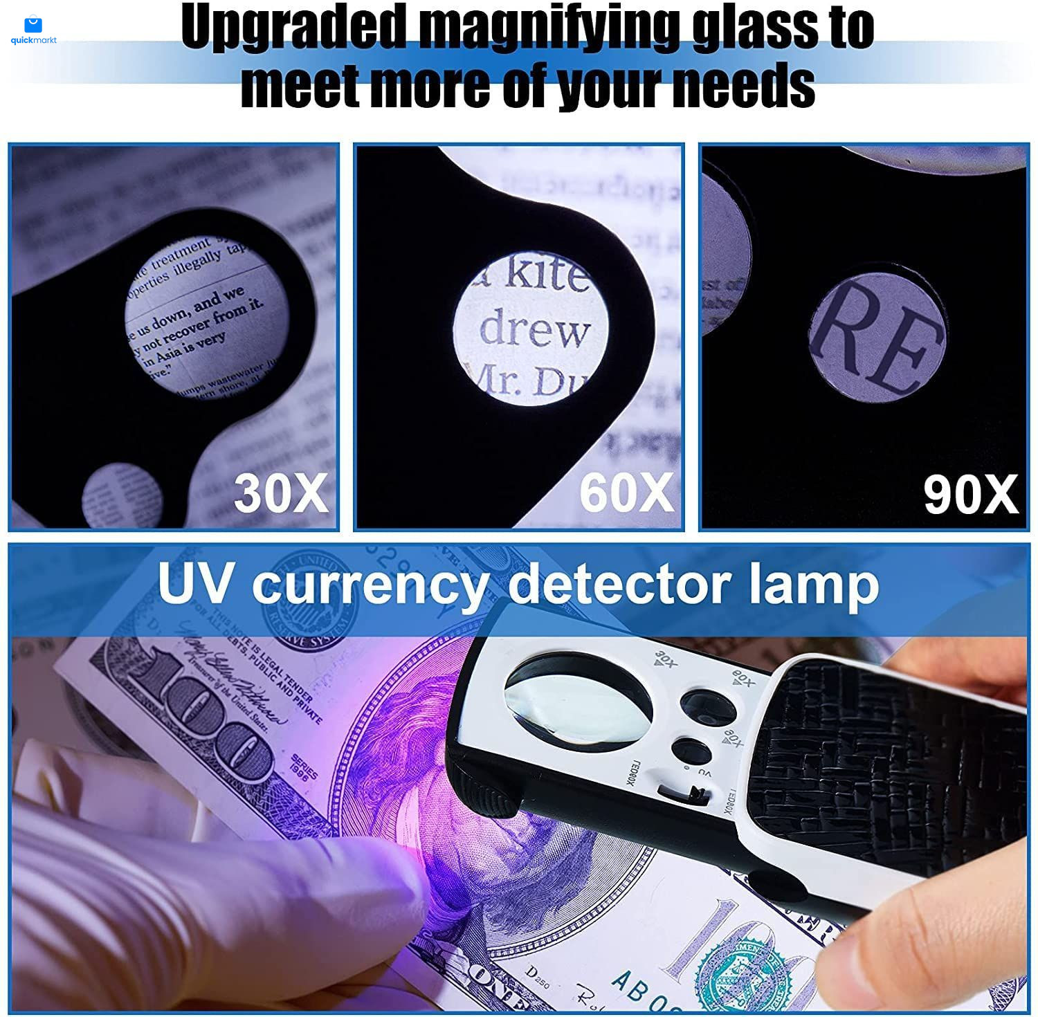 HMKIS Jewelers Loupe, 2 Pack Magnifying Glass with Light, 30X 60X 90X Black
