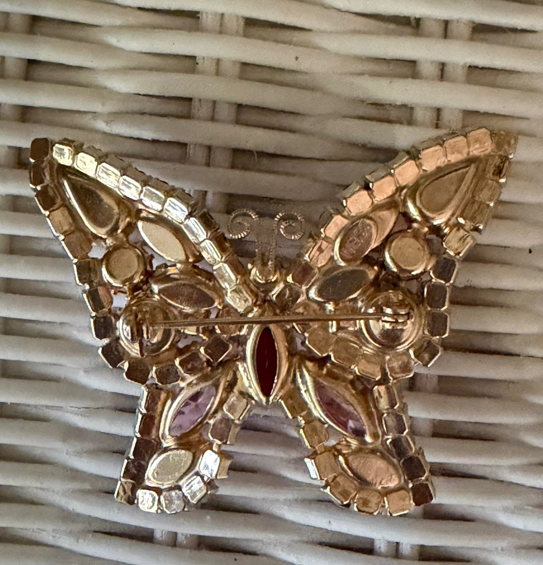 Signed Vintage Weiss Pink Rhinestone Butterfly Brooch 2″×2.25″ in goldtone