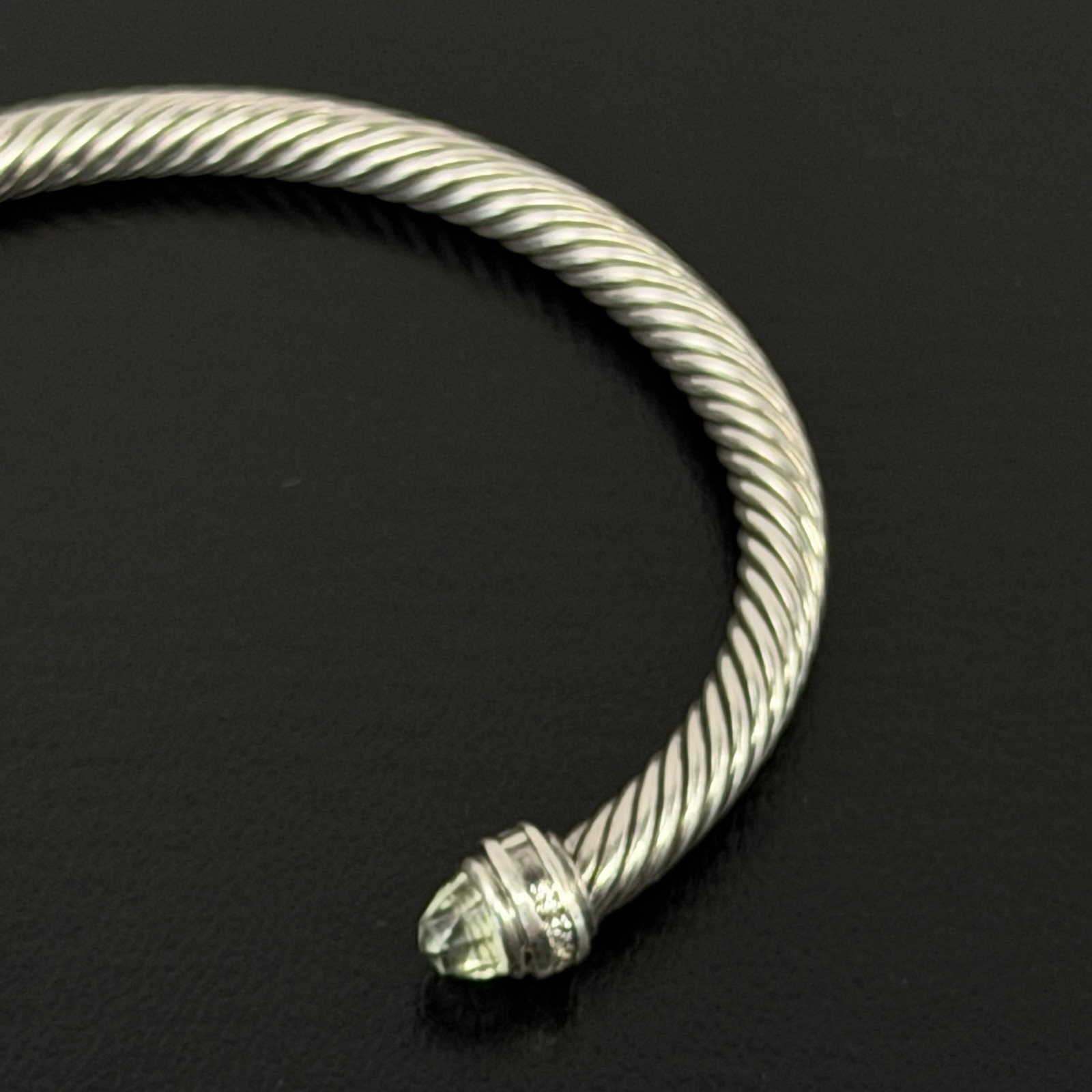 David Yurman Sterling Silver Prasiolite & Diamond Cable Cuff Bracelet 5 mm 6.5″
