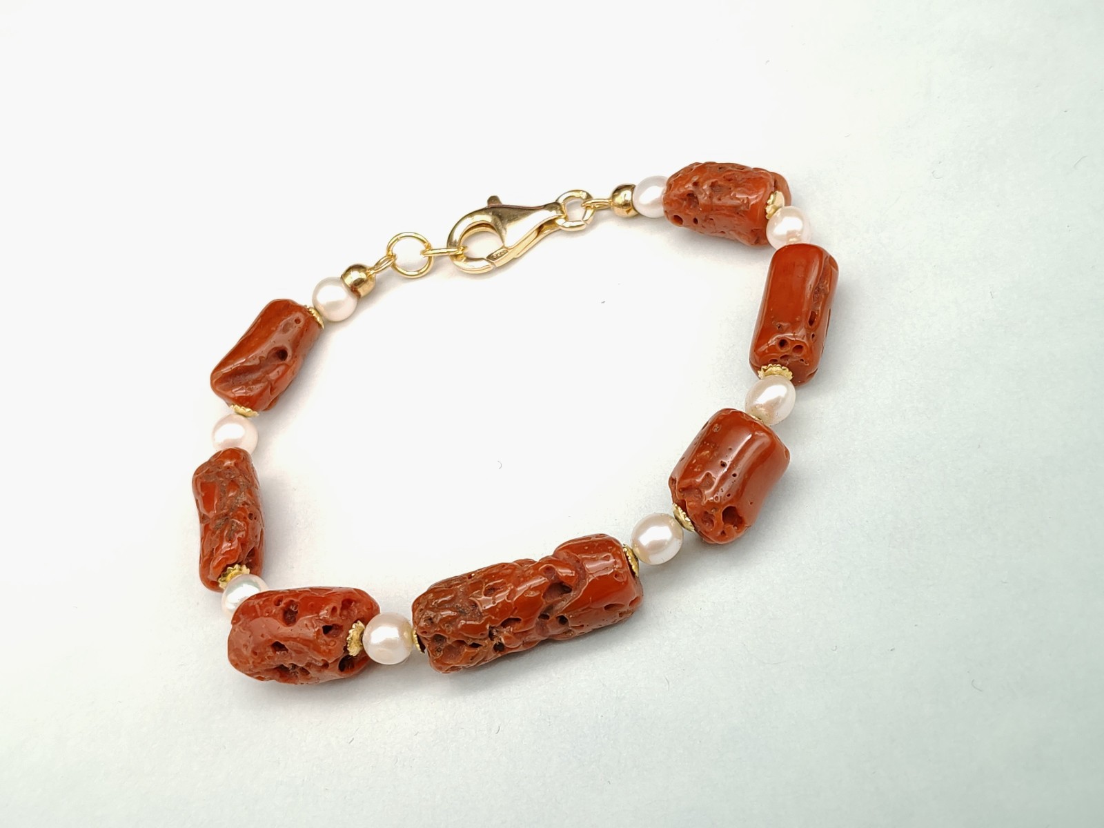 Women’s Red Coral Sardinian Bracelet Natural Real Pearl Silver 925 Gold Plac
