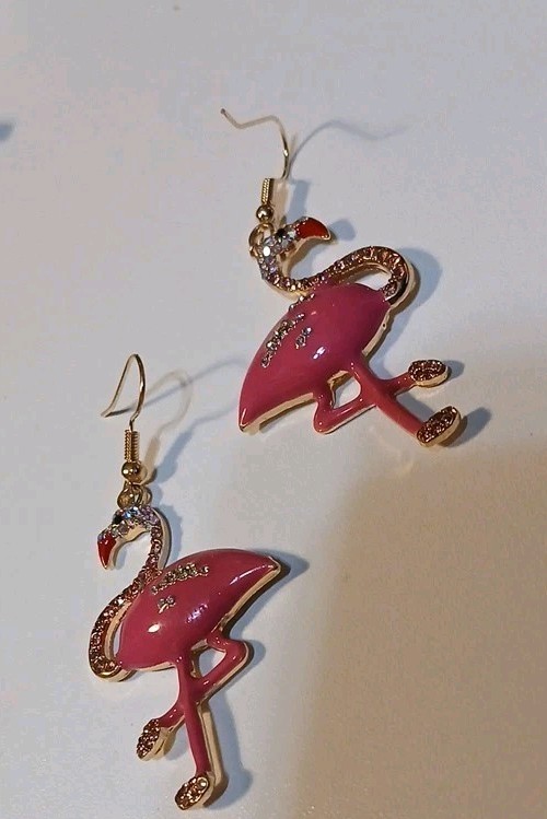 Flamingo Dark Pink Enamel And Rinestone Dangle Earrings Goldtone On Hooksl