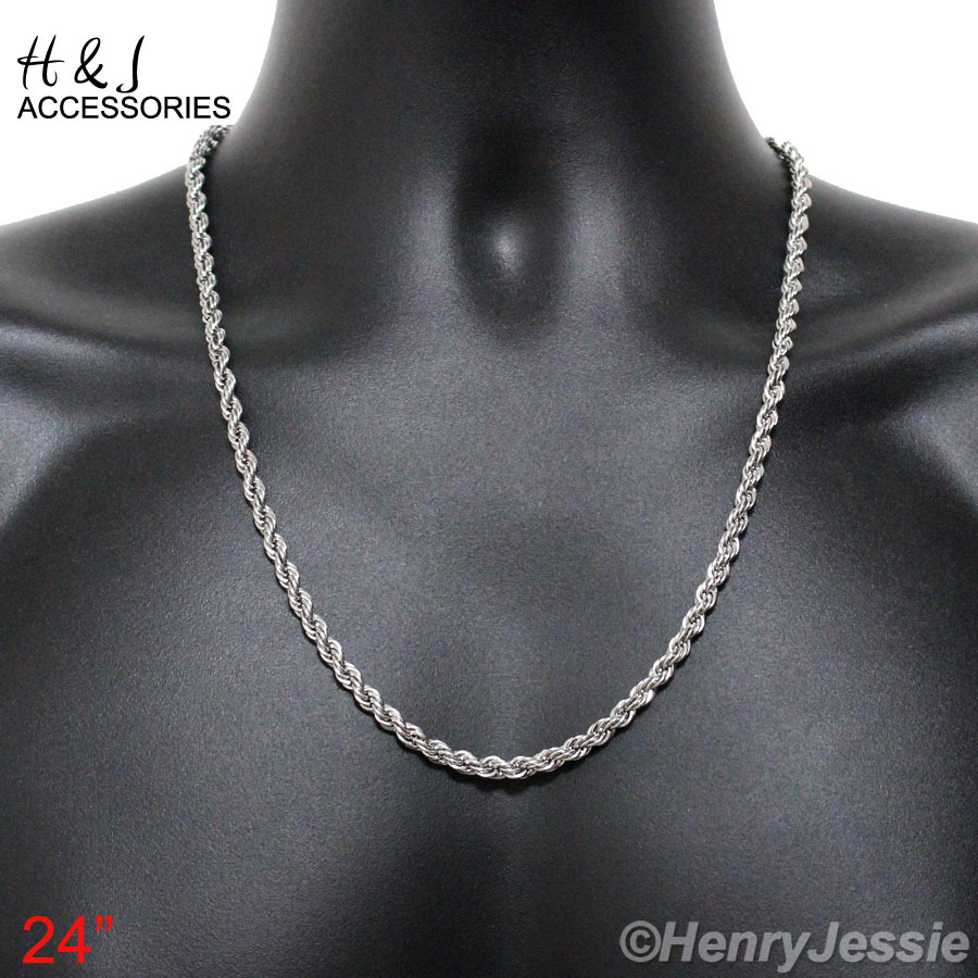 24″MEN Stainless Steel 5mm Silver Smooth Classic Rope Link Chain Necklace