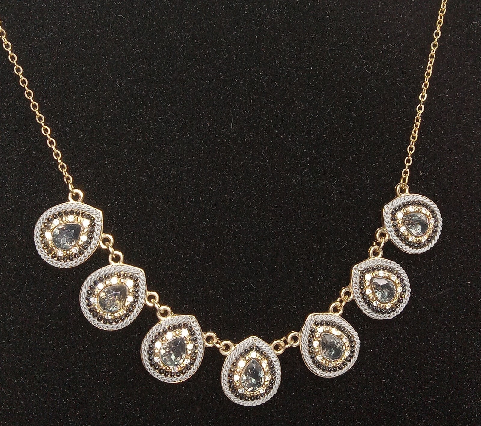 Gold Tone Jewelry Rhinestone Crystal Necklace Black Gray White Teardrops