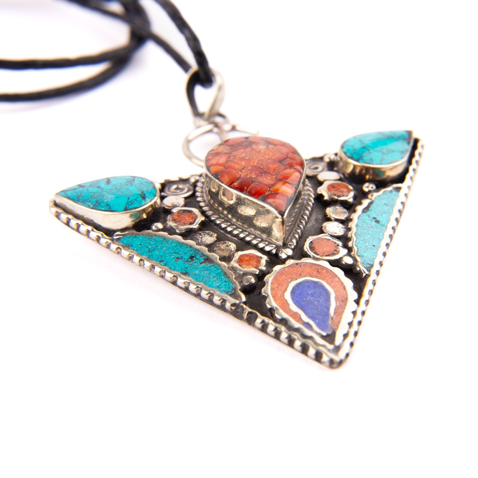 Tibetan Pendant, Tazerzit Pendant, Turquoise Stone Amulet, Coral & Lapis Lazuli