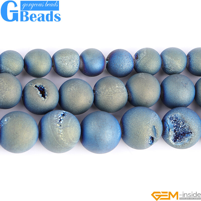 Metallic Titanium Coated Drusy Druzy Quartz Agate Round Beads Free Shipping 15″