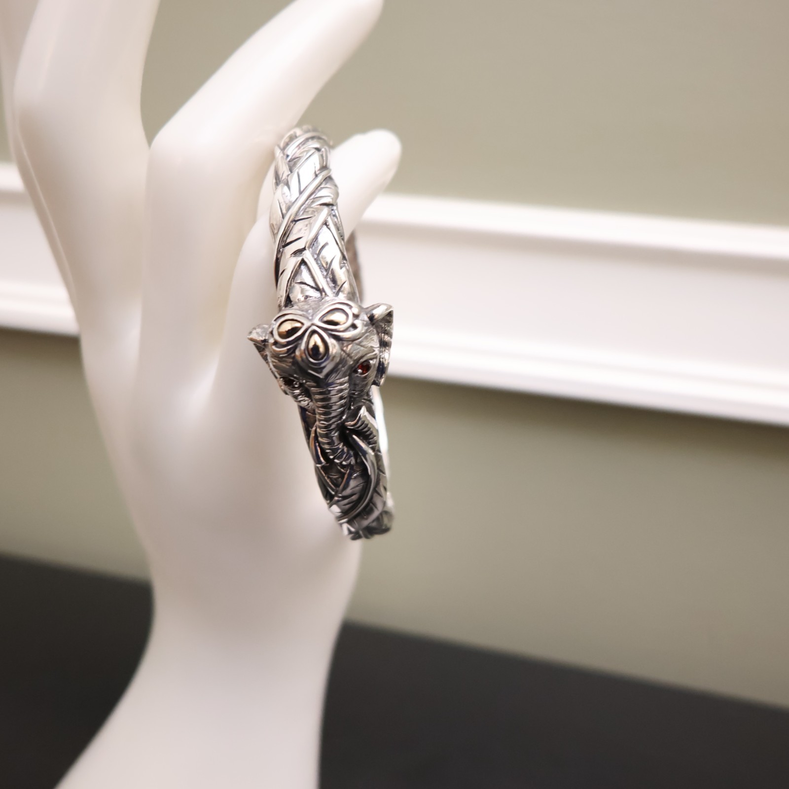 Jai bracelet elephant 925 sterling silver 14K gold hinged cuff garnets Sz 6.75in