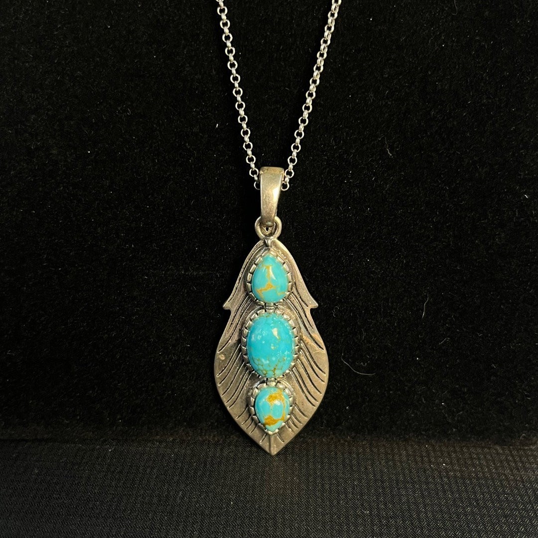 Sterling Silver Necklace with Three Oval Turquoise Colored Stones Feather Pendan