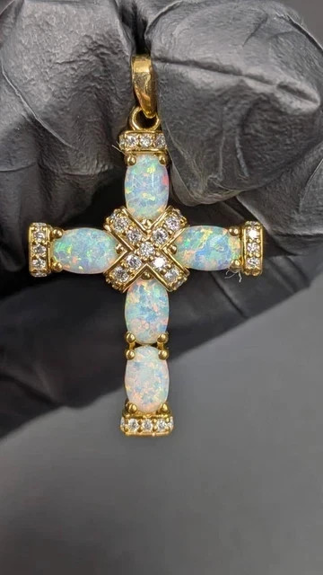 Women’s 2.00Ct Oval Cut Natural Fire Opal Cross Pendant 14K Yellow Gold Plated