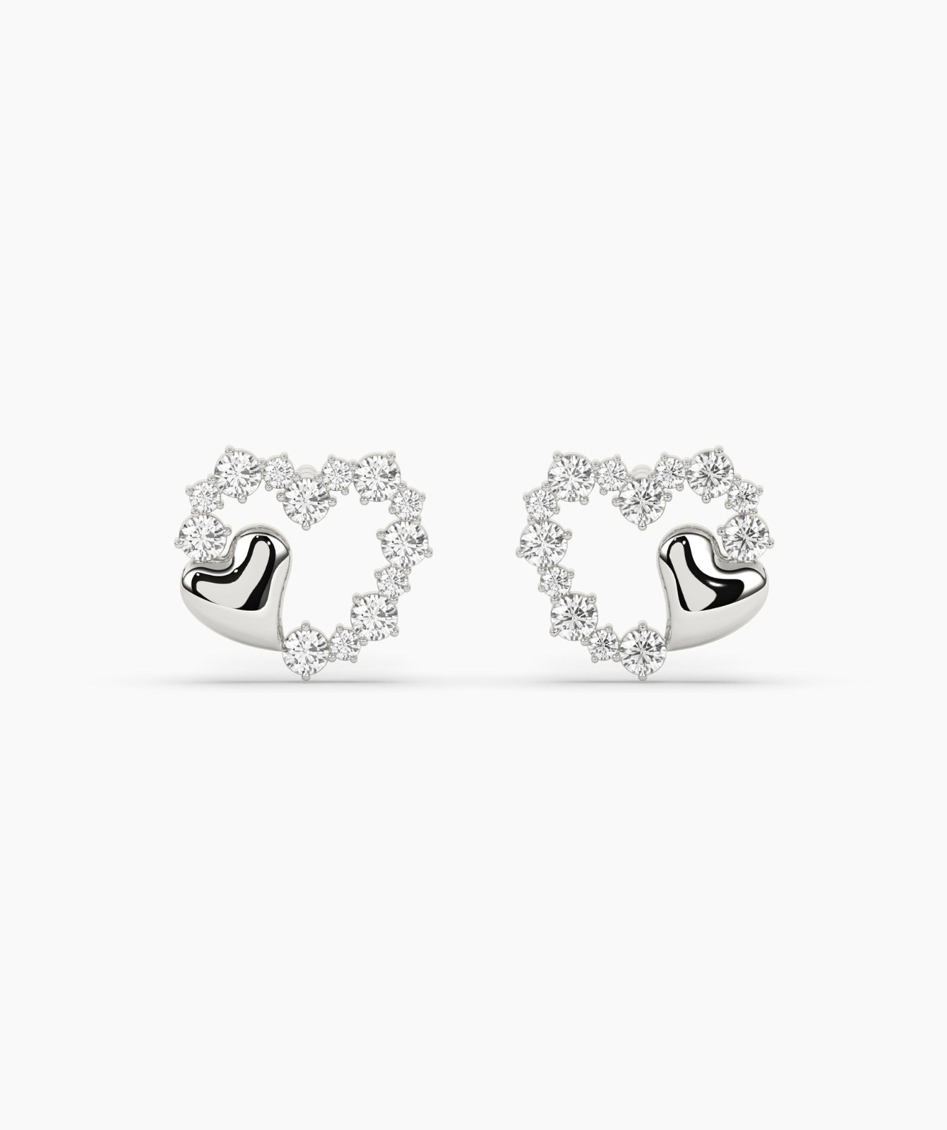 Round Cut Lab Grown Diamond 14K Gold Double Heart Diamond Stud Fine Earrings