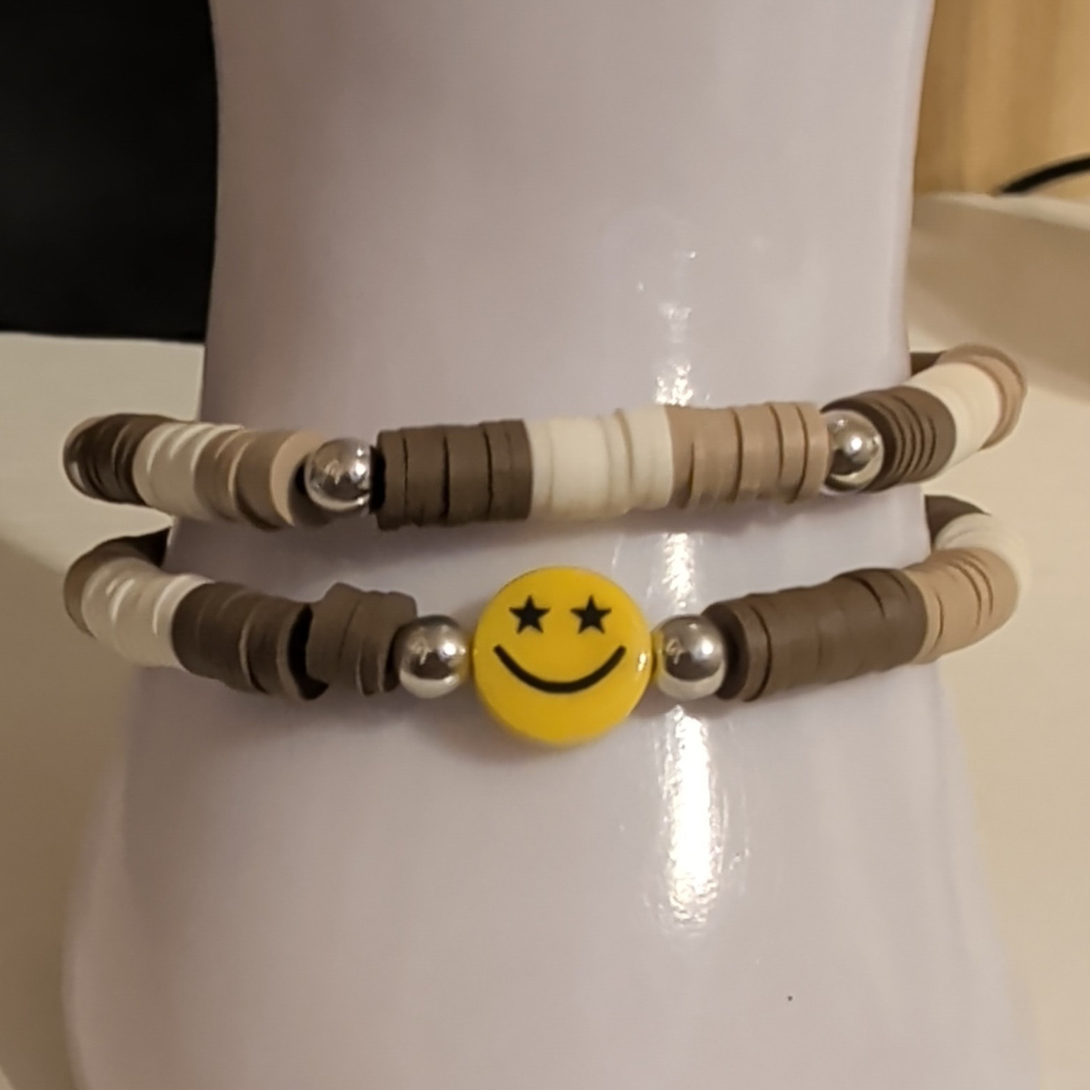 Stackable Beaded Stretch Bracelet Set Beige Brown White w/ Yellow Smiley Charm