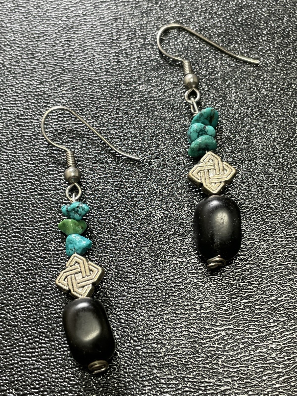 Vintage 2” Turquoise Gemstone Black Beaded Silver Tone Dangle Hook Earrings
