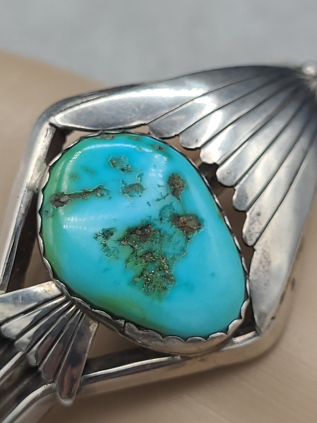 UNSIGNED Sterling Cuff Bracelet Turquoise SOUTHWESTERN Artisan Design 42.5g