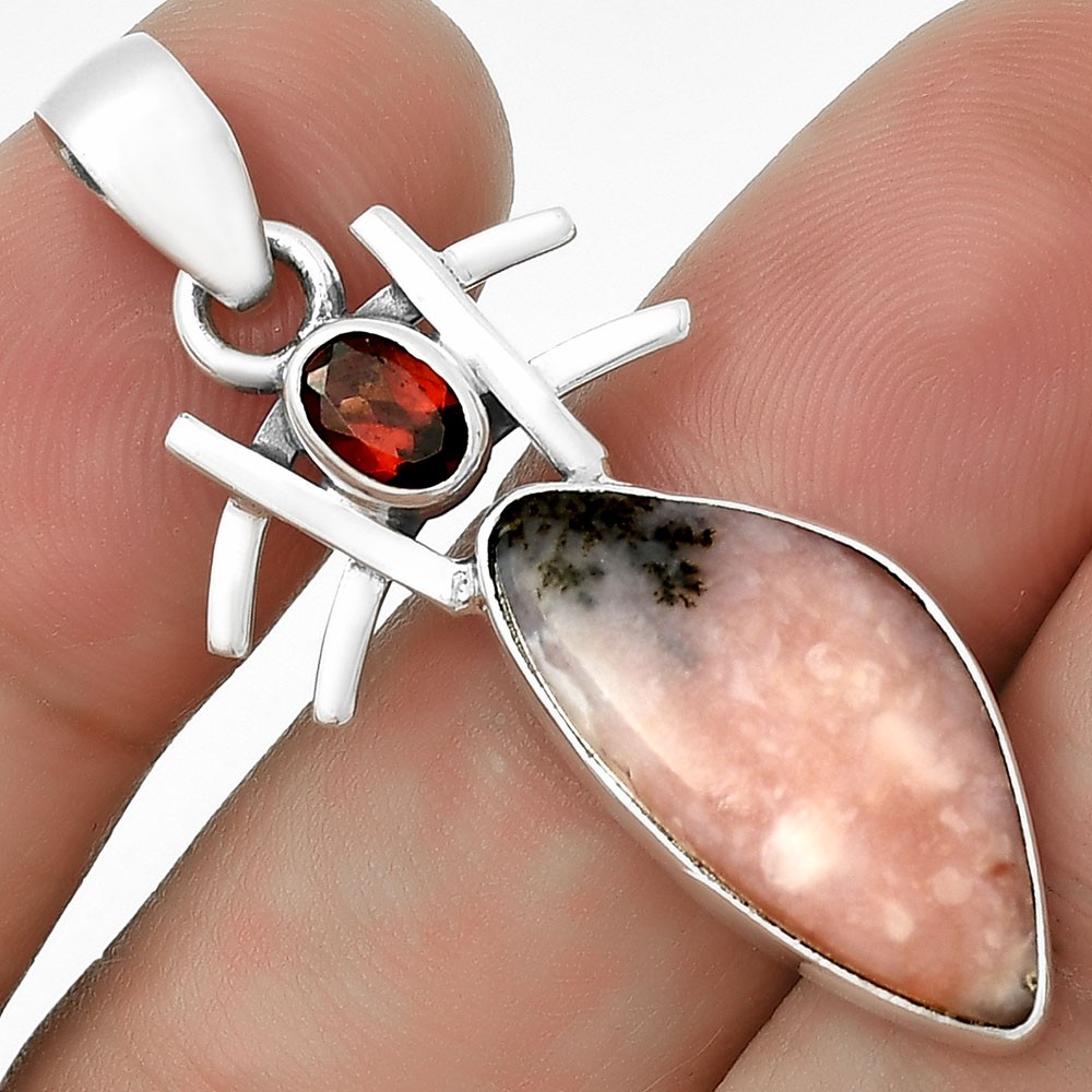 Natural Rhodonite & Garnet 925 Sterling Silver Pendant Jewelry P-1046
