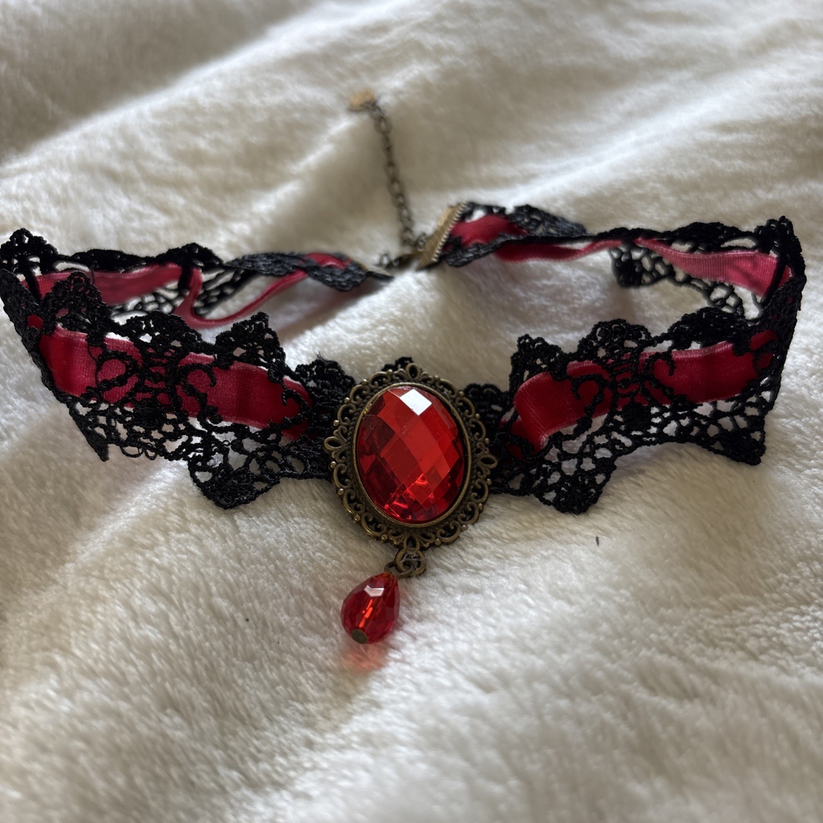 Gothic Choker Necklace,Jewery, Handmade Black Lace, RED 12/13″ #A