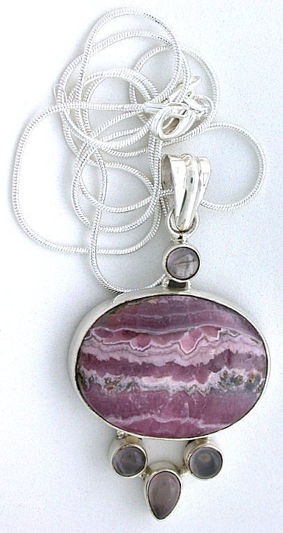 2 3/5 x 1 1/3 Inch Rhodochrosite Moonstone Sterling Pendant Necklace FREE Chain