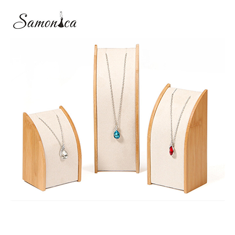 Bamboo Beige Velvet Jewelry Display Rack Storage Necklace Pendant Organizer