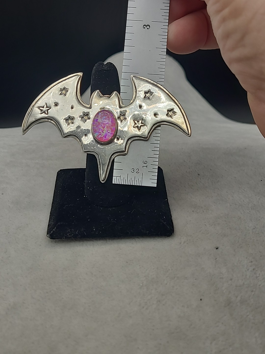 Super Cute! Sterling Silver PINK Lab Opal Bat Ring Size 7 Adjustable!